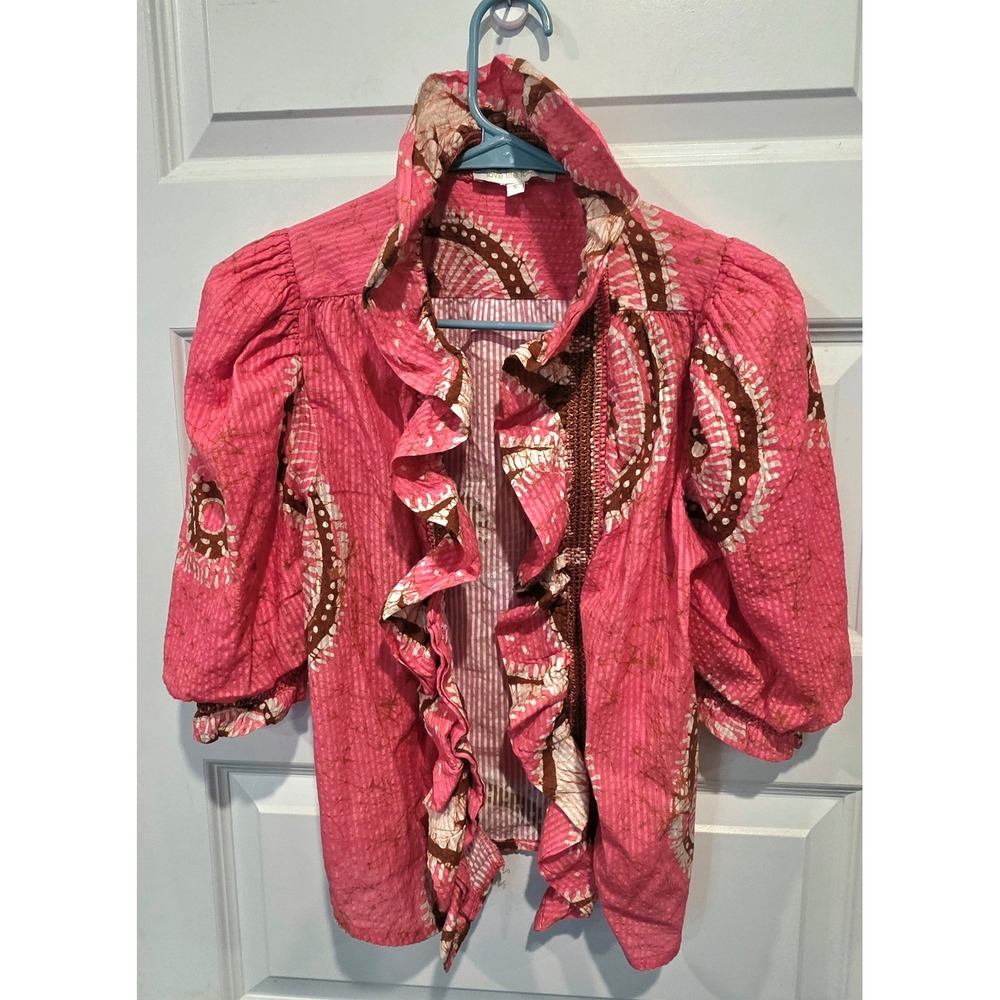 Love The Label Blouse Womens S Pink Cotton Boho Ruffle Puff Sleeve Festival Top